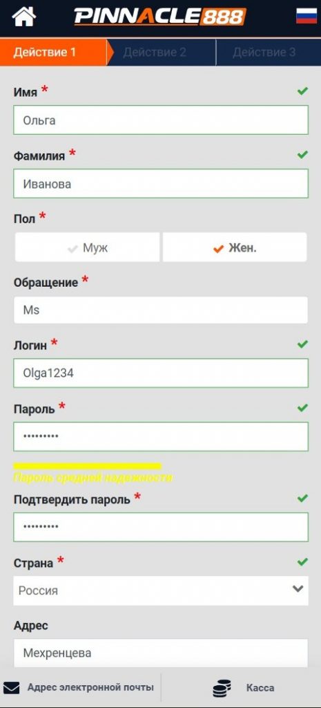 Анкета регистрации Пинакл888