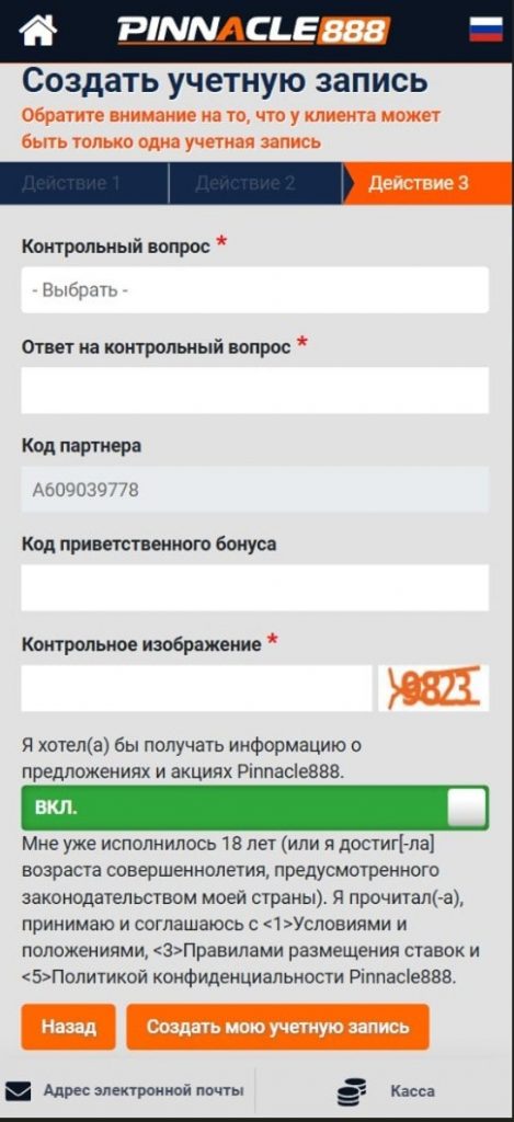Анкета регистрации Пинакл888