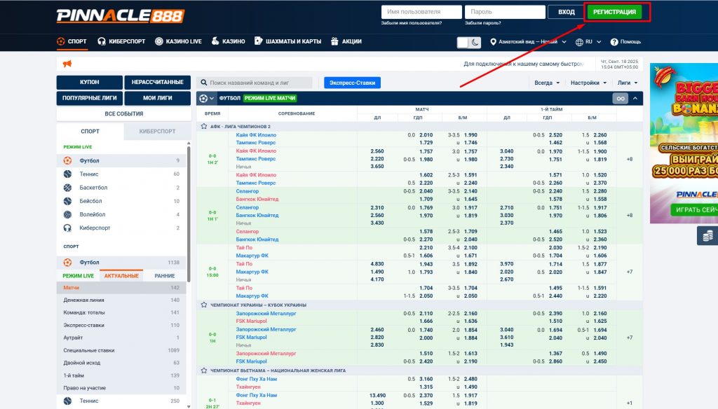 Кнопка регистрации в БК Пинакл888